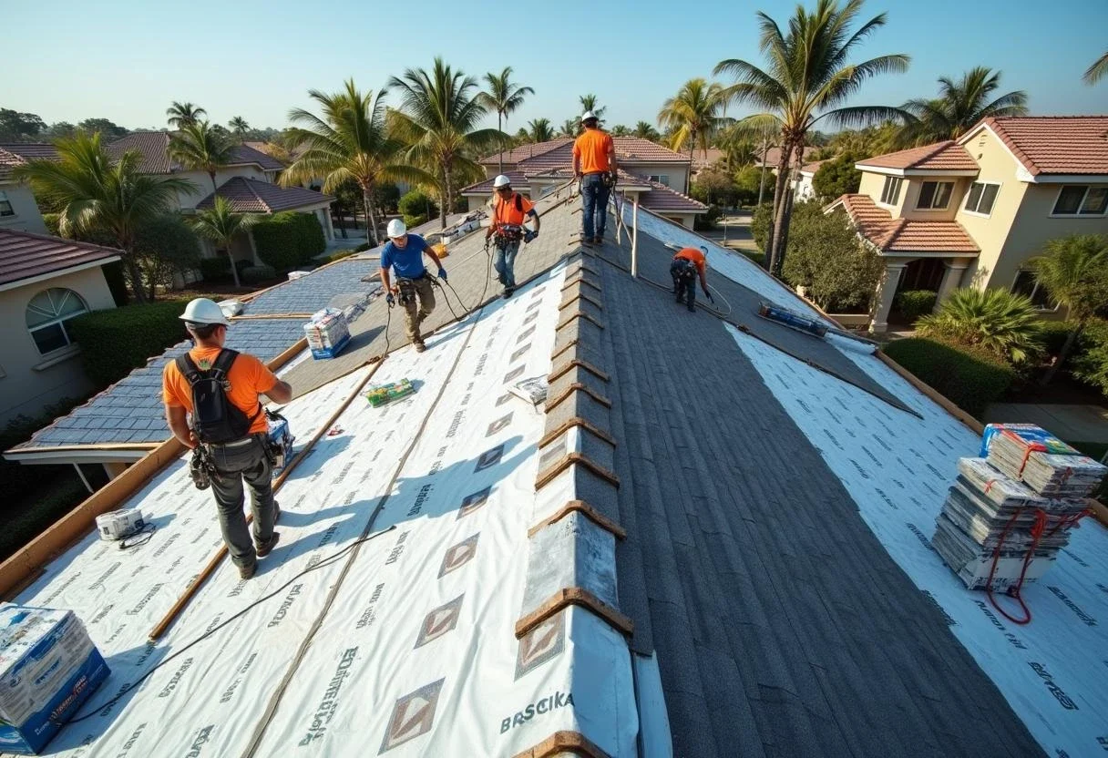 Professional roofing crew installing new roof with safety harnesses on residential home in San Rafael California
