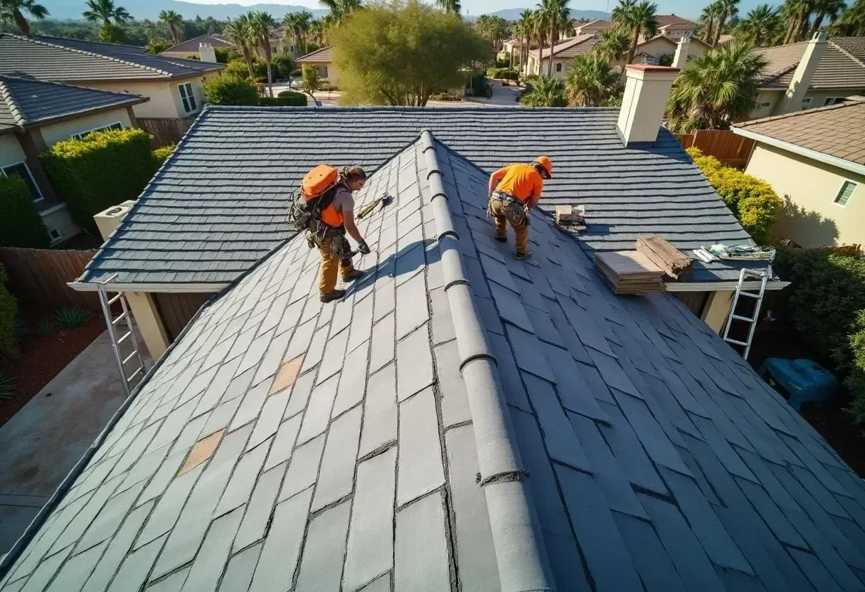 Roofing crew repairing damaged shingles on a residential roof in Oakland, California.