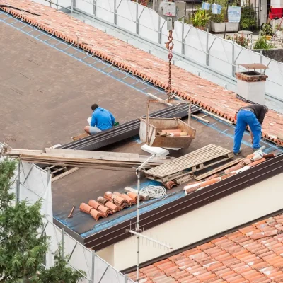 High angle view of people working on roof
